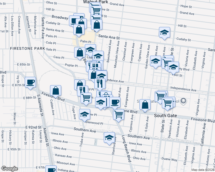 map of restaurants, bars, coffee shops, grocery stores, and more near 2834 Ardmore Avenue in South Gate