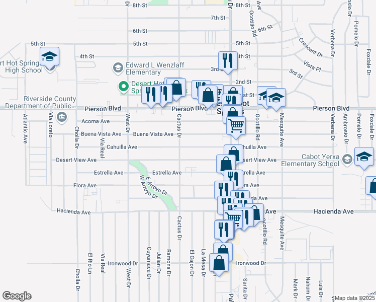 map of restaurants, bars, coffee shops, grocery stores, and more near 66299 Cahuilla Avenue in Desert Hot Springs