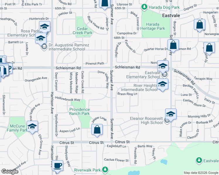 map of restaurants, bars, coffee shops, grocery stores, and more near 7126 Dove Valley Way in Corona