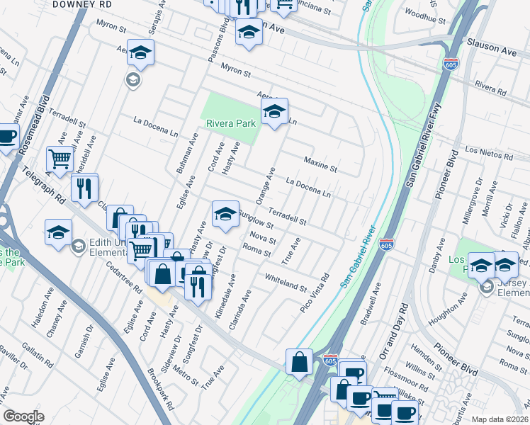 map of restaurants, bars, coffee shops, grocery stores, and more near 9712 Terradell Street in Pico Rivera