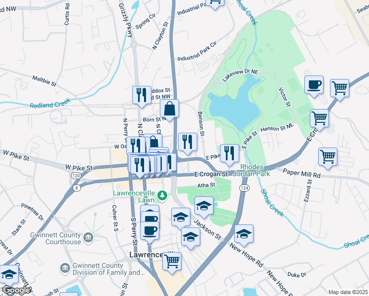 map of restaurants, bars, coffee shops, grocery stores, and more near 241 Jarman Street in Lawrenceville