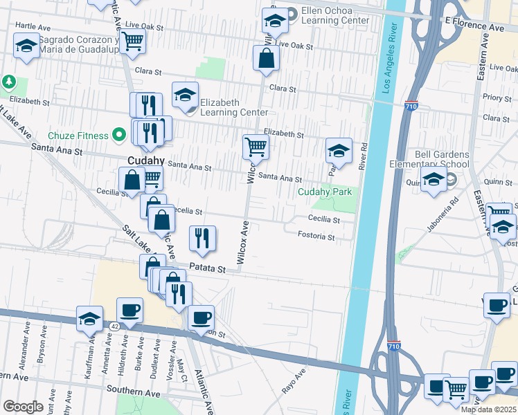 map of restaurants, bars, coffee shops, grocery stores, and more near 8220 Wilcox Avenue in Bell Gardens