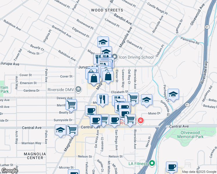 map of restaurants, bars, coffee shops, grocery stores, and more near 3757 Elizabeth Street in Riverside