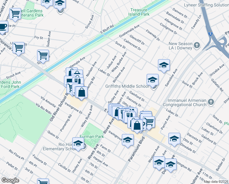 map of restaurants, bars, coffee shops, grocery stores, and more near 9843 Horley Avenue in Downey