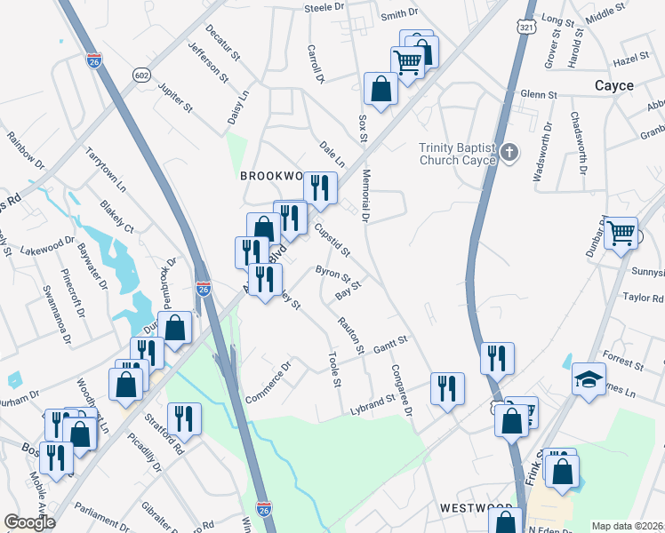 map of restaurants, bars, coffee shops, grocery stores, and more near 1824 Cupstid Street in Cayce