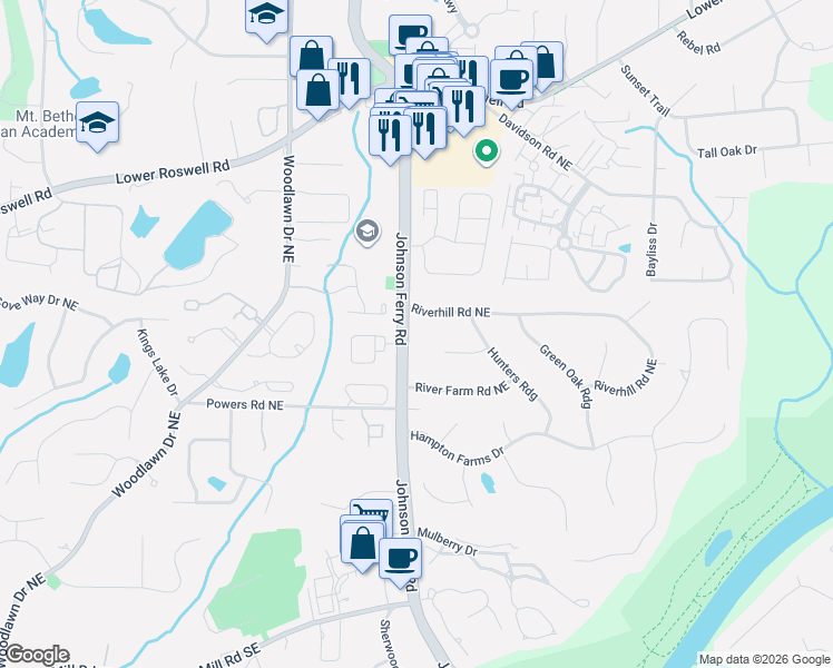map of restaurants, bars, coffee shops, grocery stores, and more near 390 Johnson Ferry Road in Marietta