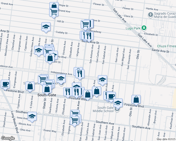 map of restaurants, bars, coffee shops, grocery stores, and more near 8453 San Antonio Avenue in South Gate