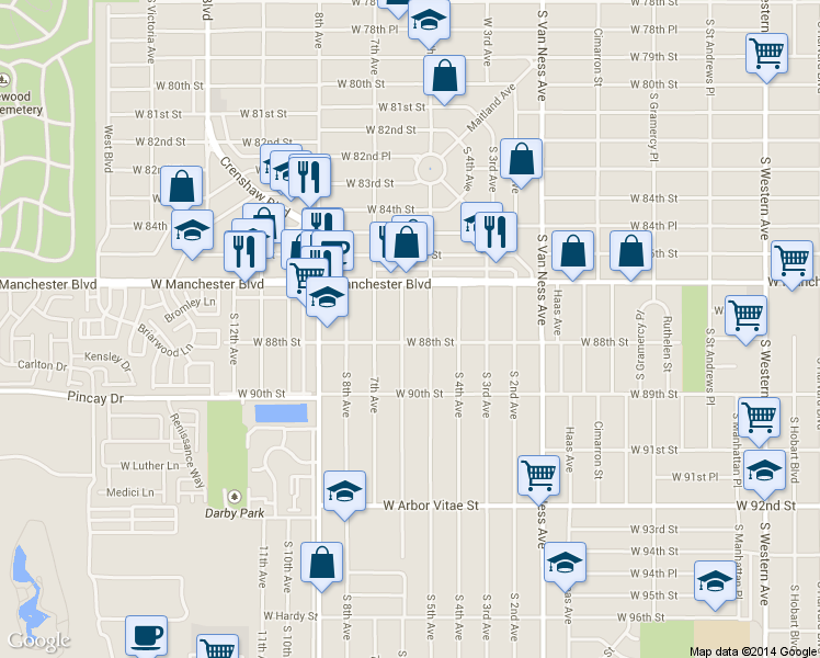 map of restaurants, bars, coffee shops, grocery stores, and more near 8712 South 6th Avenue in Inglewood