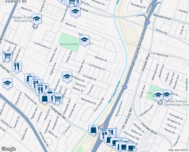 map of restaurants, bars, coffee shops, grocery stores, and more near 8344 Clarinda Avenue in Pico Rivera