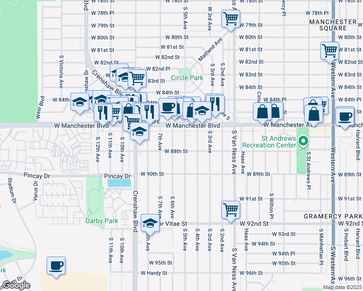 map of restaurants, bars, coffee shops, grocery stores, and more near 8712 South 6th Avenue in Inglewood