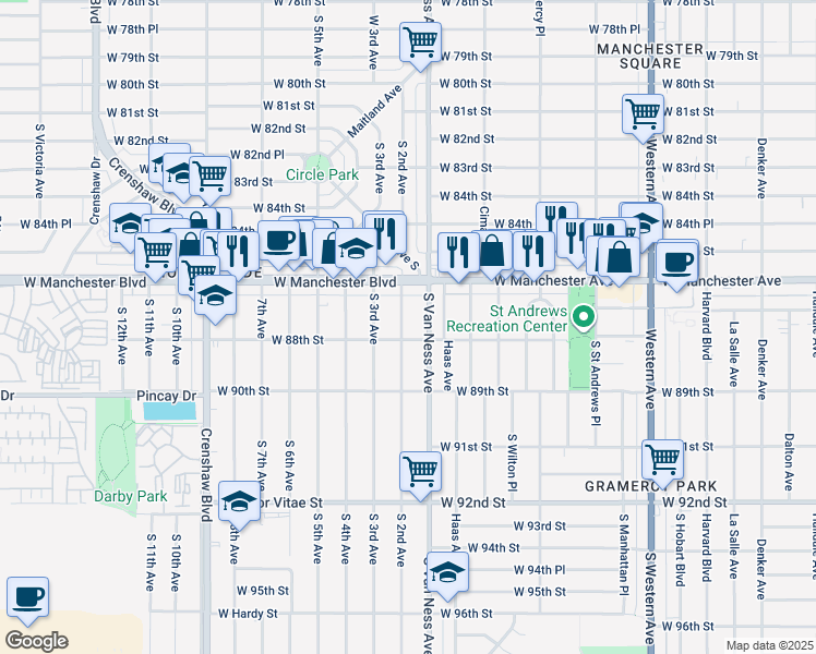 map of restaurants, bars, coffee shops, grocery stores, and more near 8712 South 2nd Avenue in Inglewood