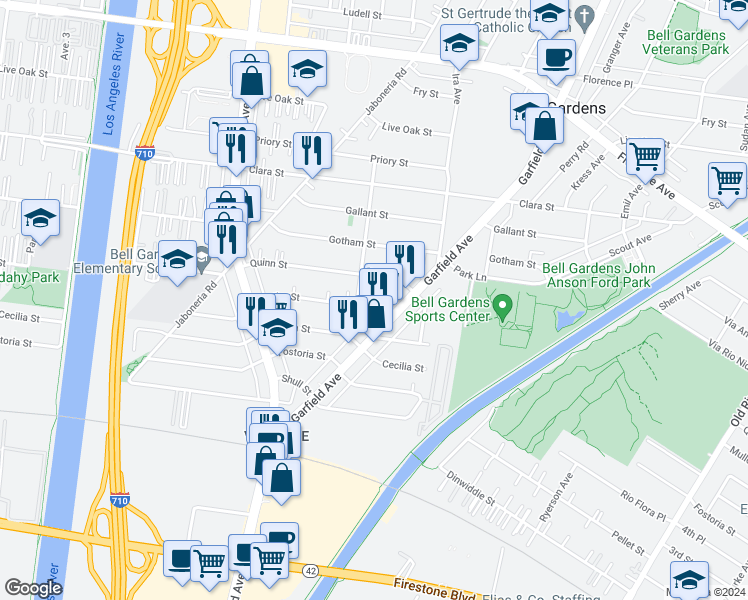 map of restaurants, bars, coffee shops, grocery stores, and more near 6017 Muller Street in Bell Gardens