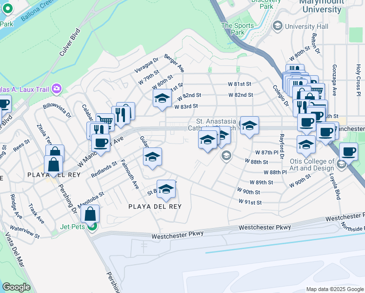map of restaurants, bars, coffee shops, grocery stores, and more near 7740 Redlands Street in Los Angeles
