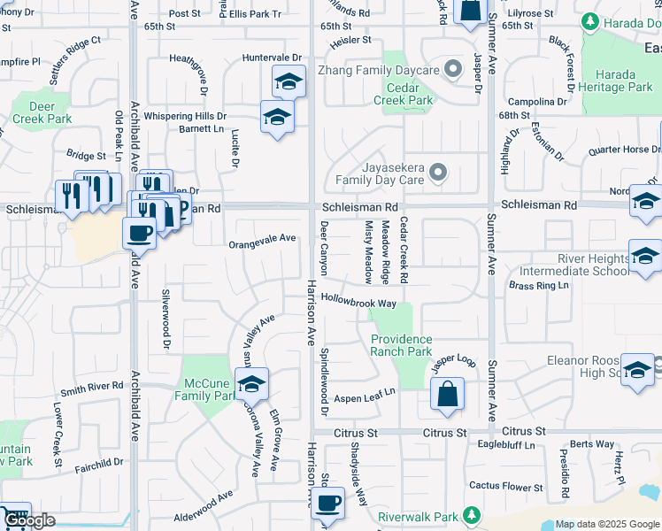map of restaurants, bars, coffee shops, grocery stores, and more near 7128 Deer Canyon in Corona
