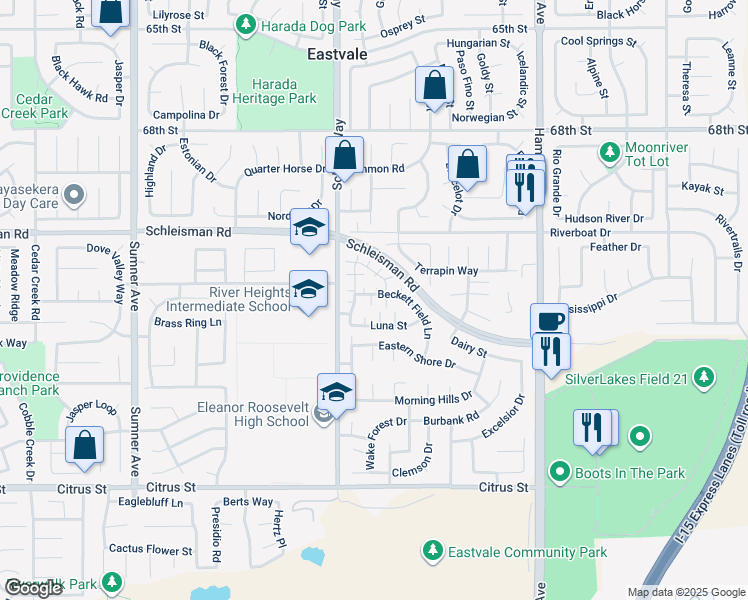 map of restaurants, bars, coffee shops, grocery stores, and more near 7116 Estrella Court in Eastvale