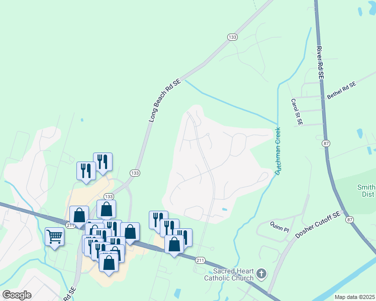 map of restaurants, bars, coffee shops, grocery stores, and more near 5021 South Lagoon Court in Southport