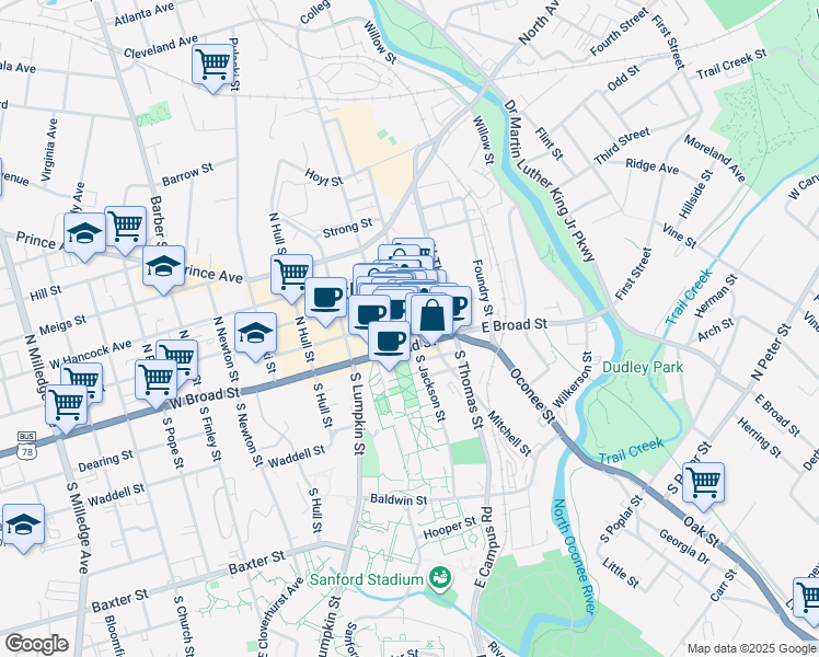 map of restaurants, bars, coffee shops, grocery stores, and more near 173 North Jackson Street in Athens