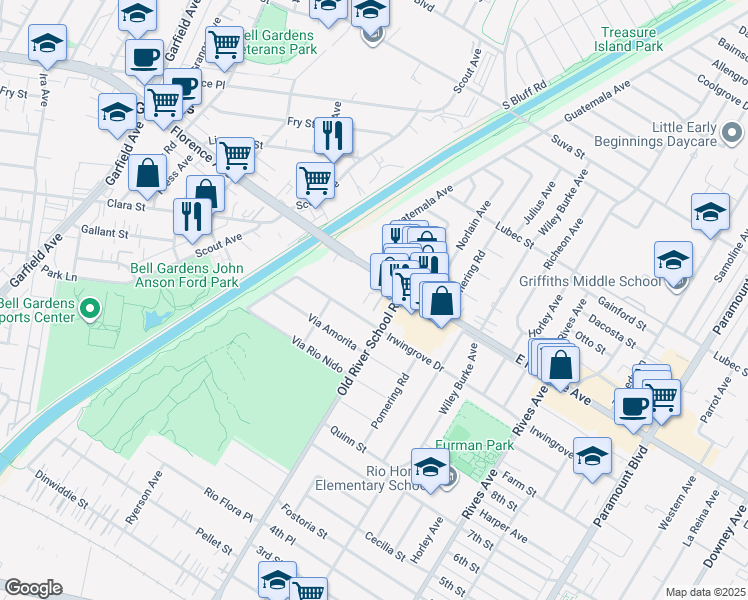 map of restaurants, bars, coffee shops, grocery stores, and more near 7348 Florence Avenue in Downey