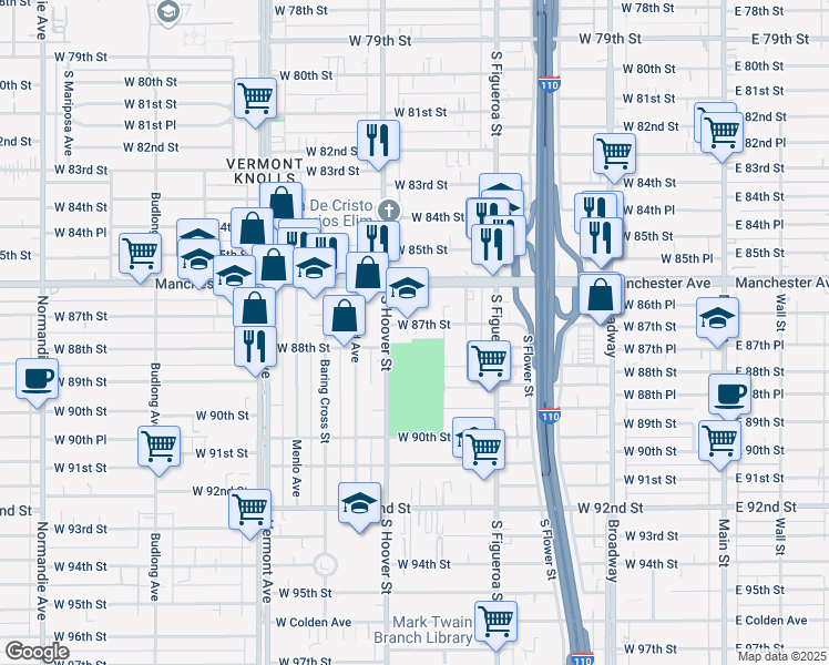map of restaurants, bars, coffee shops, grocery stores, and more near 620 West 87th Street in Los Angeles