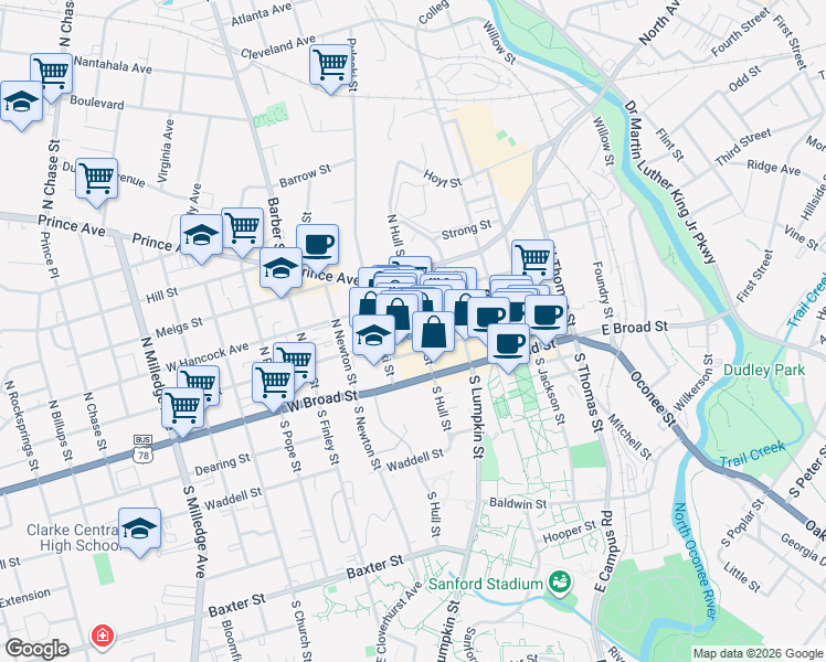map of restaurants, bars, coffee shops, grocery stores, and more near 215 West Washington Street in Athens