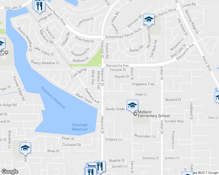 map of restaurants, bars, coffee shops, grocery stores, and more near 24013 Forsyte Street in Moreno Valley