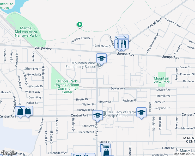 map of restaurants, bars, coffee shops, grocery stores, and more near 6292 Streeter Avenue in Riverside
