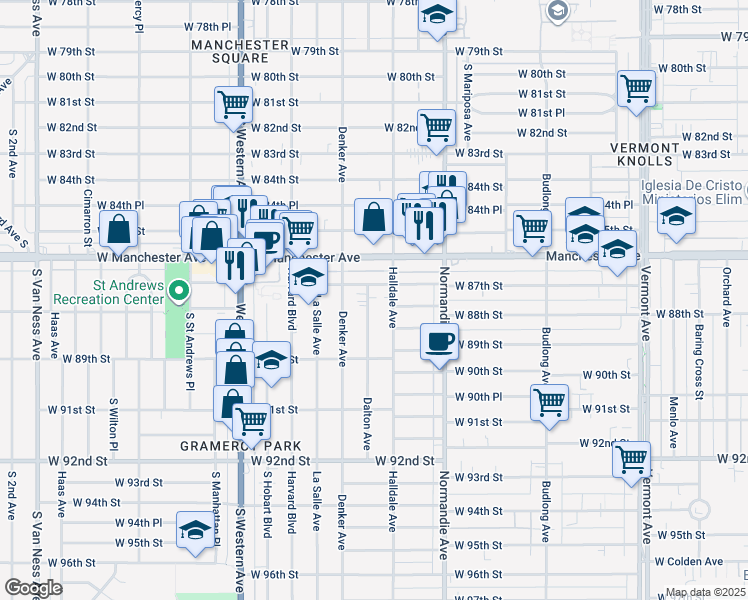 map of restaurants, bars, coffee shops, grocery stores, and more near 8714 Dalton Avenue in Los Angeles