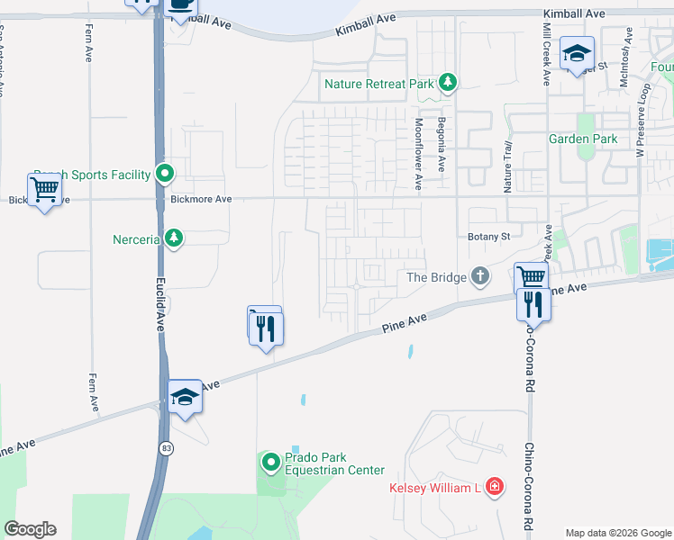 map of restaurants, bars, coffee shops, grocery stores, and more near 7447 Channel View Street in Chino