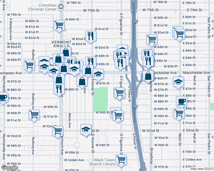 map of restaurants, bars, coffee shops, grocery stores, and more near 620 West 87th Street in Los Angeles