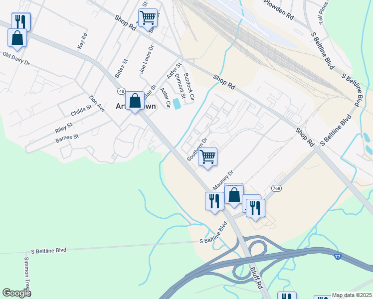 map of restaurants, bars, coffee shops, grocery stores, and more near 1051 Southern Drive in Columbia