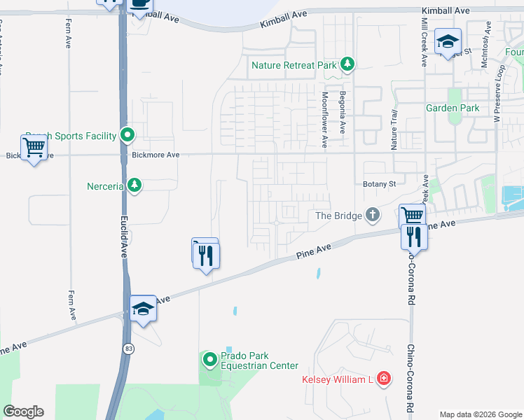 map of restaurants, bars, coffee shops, grocery stores, and more near 7447 Channel View Street in Chino