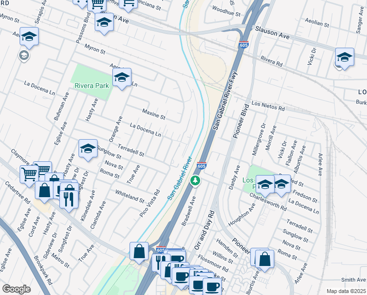 map of restaurants, bars, coffee shops, grocery stores, and more near 9950 La Docena Lane in Pico Rivera