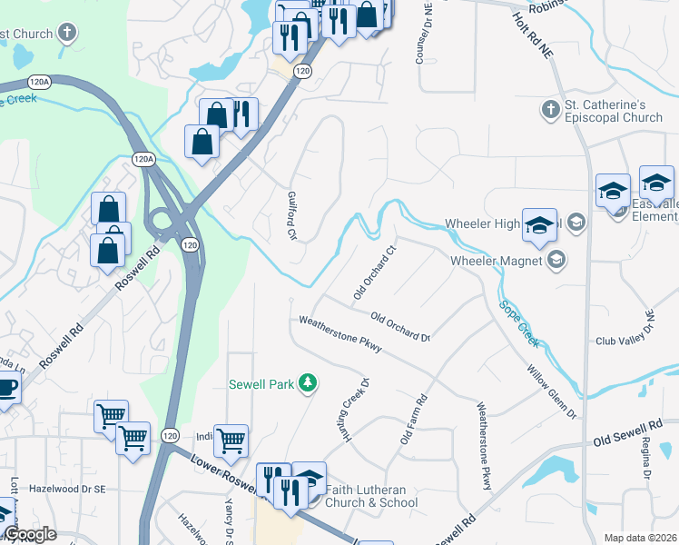 map of restaurants, bars, coffee shops, grocery stores, and more near Weatherstone Lane in Marietta