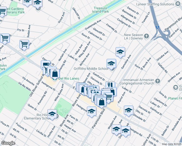 map of restaurants, bars, coffee shops, grocery stores, and more near 9802 Rives Avenue in Downey