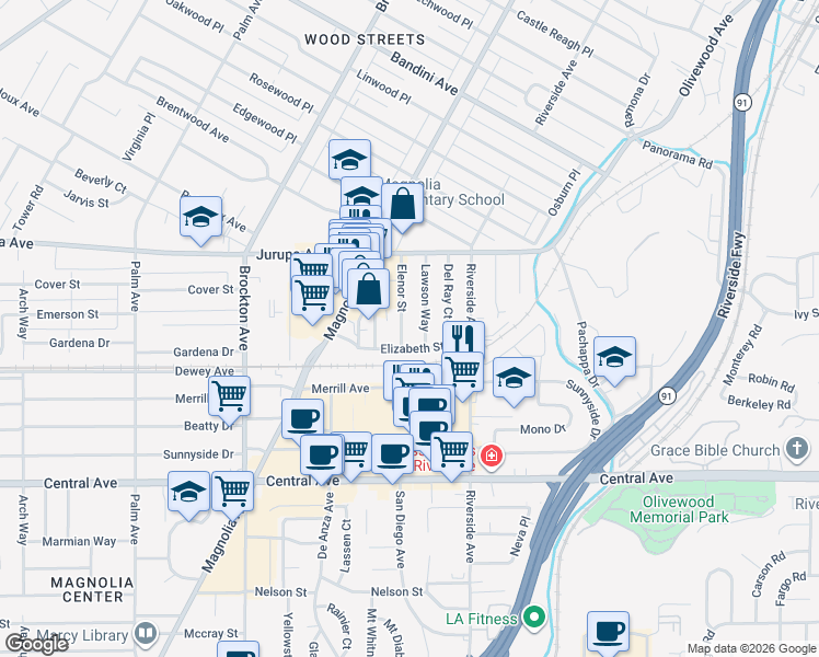 map of restaurants, bars, coffee shops, grocery stores, and more near 6151 Lawson Way in Riverside