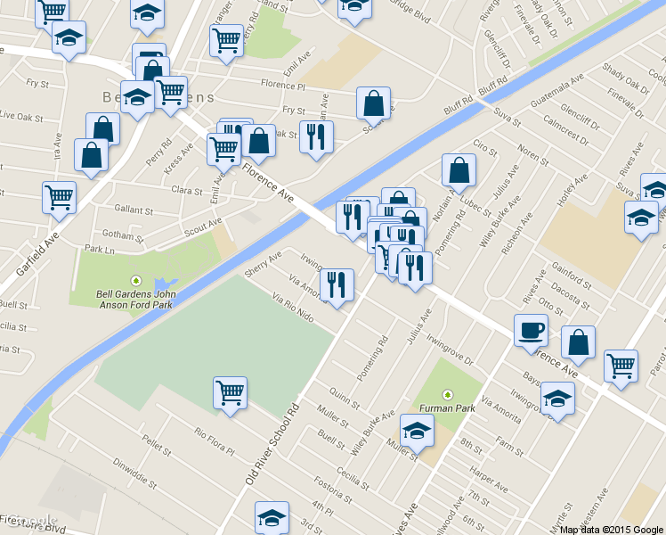 map of restaurants, bars, coffee shops, grocery stores, and more near 7315 Irwingrove Drive in Downey