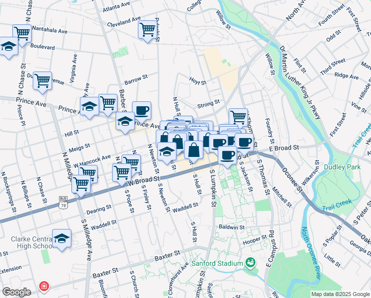 map of restaurants, bars, coffee shops, grocery stores, and more near 215 West Washington Street in Athens
