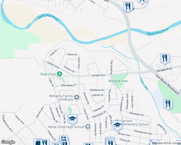 map of restaurants, bars, coffee shops, grocery stores, and more near 9669 Jurupa Avenue in Riverside