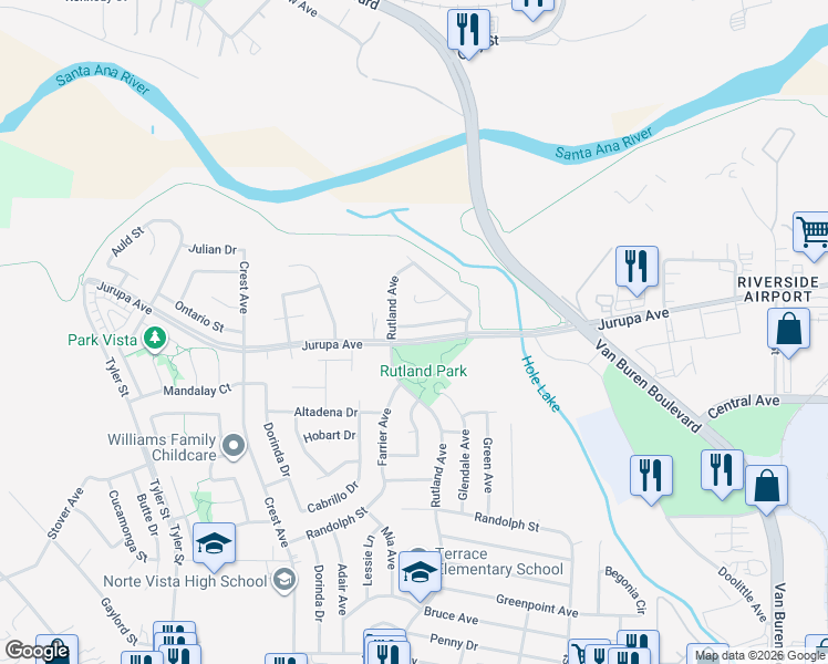 map of restaurants, bars, coffee shops, grocery stores, and more near 8956 Alabama Street in Riverside