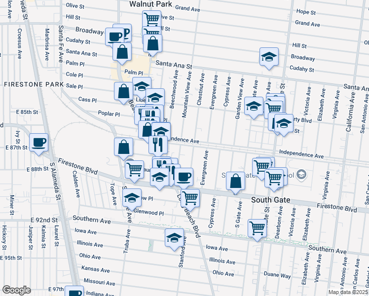 map of restaurants, bars, coffee shops, grocery stores, and more near 2906 Ardmore Avenue in South Gate