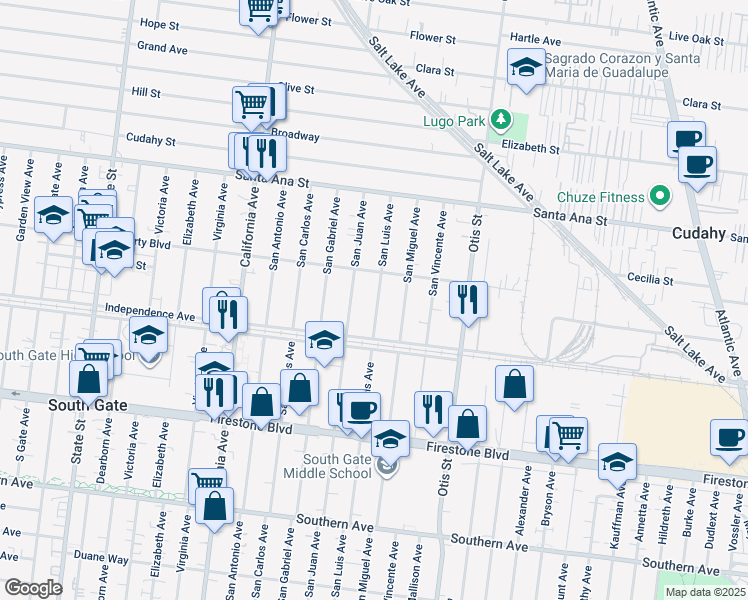 map of restaurants, bars, coffee shops, grocery stores, and more near 8433 San Luis Avenue in South Gate