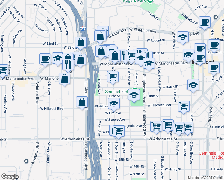 map of restaurants, bars, coffee shops, grocery stores, and more near 407 South Oak Street in Inglewood