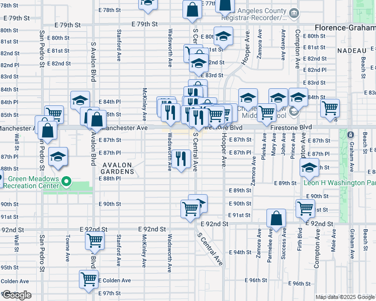 map of restaurants, bars, coffee shops, grocery stores, and more near 945 East 87th Place in Los Angeles
