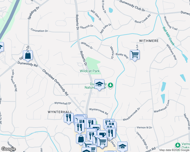 map of restaurants, bars, coffee shops, grocery stores, and more near 1290 Holly Bank Circle in Dunwoody