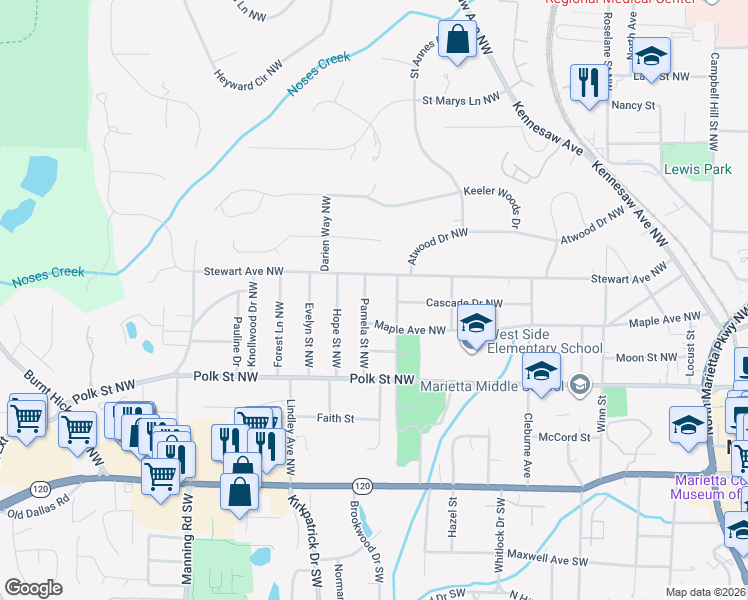 map of restaurants, bars, coffee shops, grocery stores, and more near 264 Pamela Street Northwest in Marietta