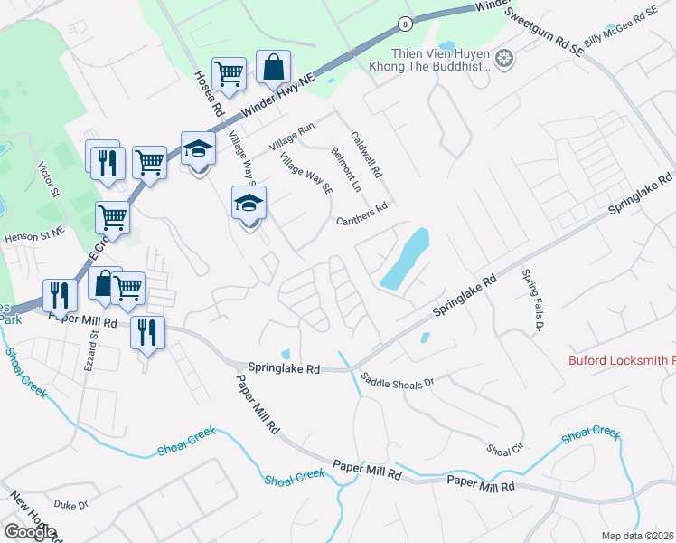 map of restaurants, bars, coffee shops, grocery stores, and more near 397 Village Overlook Drive Southeast in Lawrenceville