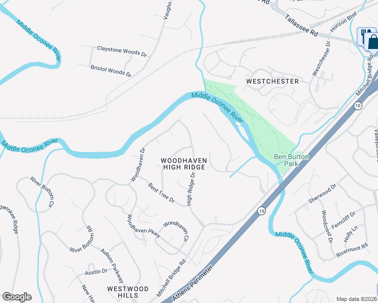 map of restaurants, bars, coffee shops, grocery stores, and more near 235 High Ridge Drive in Athens