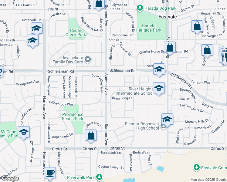 map of restaurants, bars, coffee shops, grocery stores, and more near 7133 Cottage Grove Circle in Eastvale