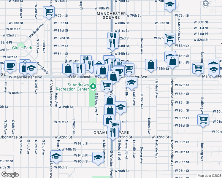 map of restaurants, bars, coffee shops, grocery stores, and more near 8715 S Western Ave in Los Angeles