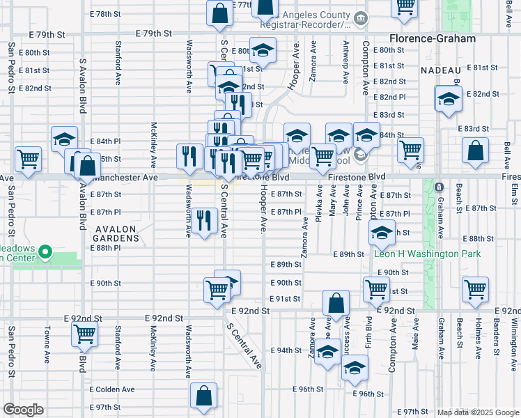 map of restaurants, bars, coffee shops, grocery stores, and more near 8725 Hooper Avenue in Los Angeles